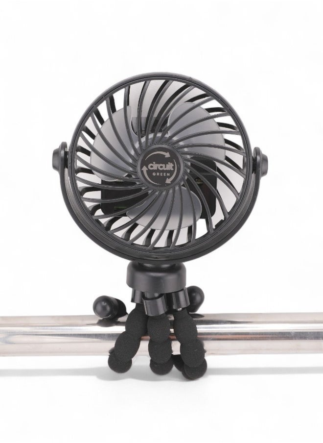 Circuit Green 360° Rotating Portable Mini Fan, 3-Speed Rechargeable Stroller Fan with Flexible Tripod, Handheld Personal Cooling for Car Seat, Crib, Treadmill, and Travel (Black)  - Image 1