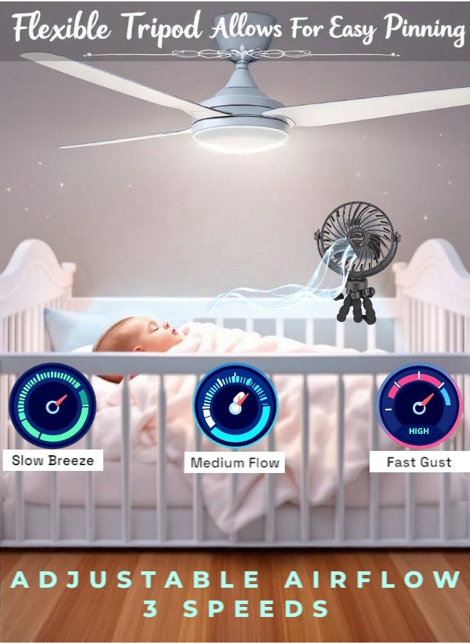 Circuit Green 360° Rotating Portable Mini Fan, 3-Speed Rechargeable Stroller Fan with Flexible Tripod, Handheld Personal Cooling for Car Seat, Crib, Treadmill, and Travel (Black)  - Image 3