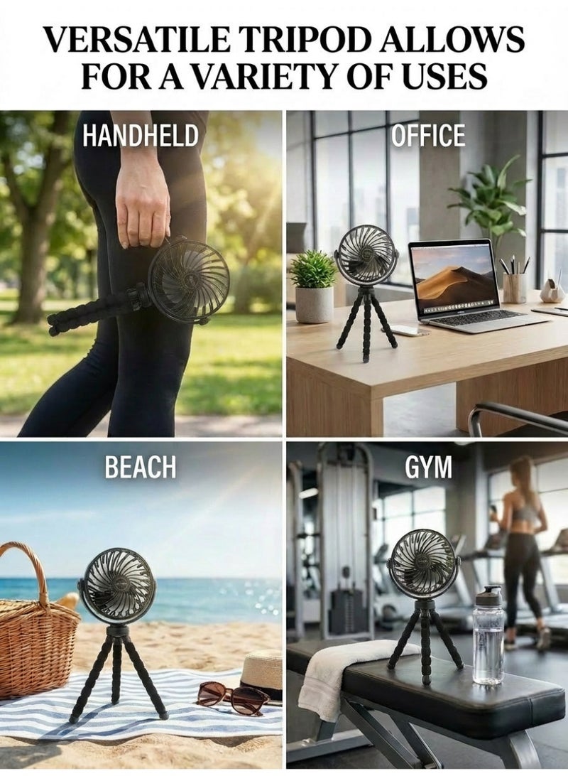 دائرة خضراء مروحة صغيرة محمولة تدور 360 درجة، مروحة عربة أطفال قابلة لإعادة الشحن بثلاث سرعات مع حامل ثلاثي مرن، تبريد شخصي محمول لمقعد السيارة، سرير الأطفال، جهاز المشي، والسفر (أسود) - Image 2