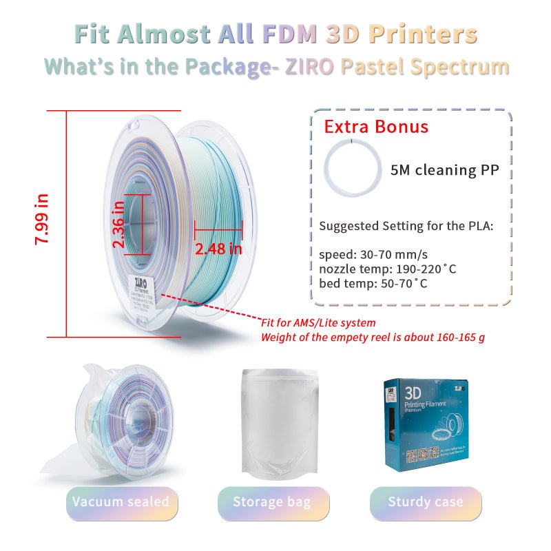 ZIRO PLA Filament 1.75mm, Matte Multicolor 3D Printer Filament, Color Gradient Change PLA, Fast Color Change by Length, Fit Most FDM Printers, Dimensional Accuracy +/-0.03mm,1KG Pastel Spectrum - Image 5