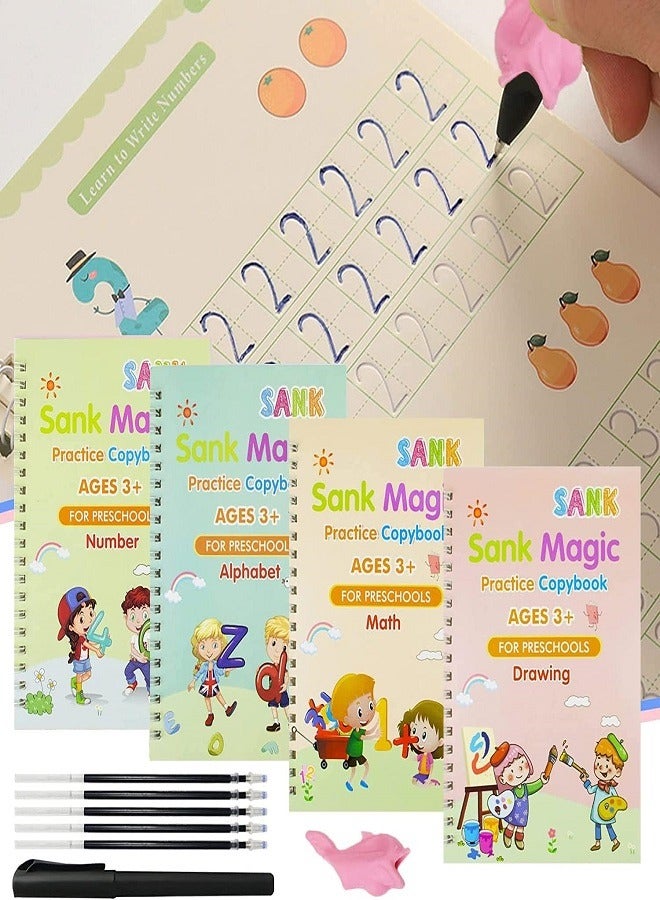 Sank Magic Magic Book, 4 Calligraphy Exercises + 5 Refills + 1 Pen Holder + 1 Writing Aid, Reusable Exercise Book, Exercise Book Set, for Children Calligraphy, Numbers, Drawing, Letters (English)  - Image 1