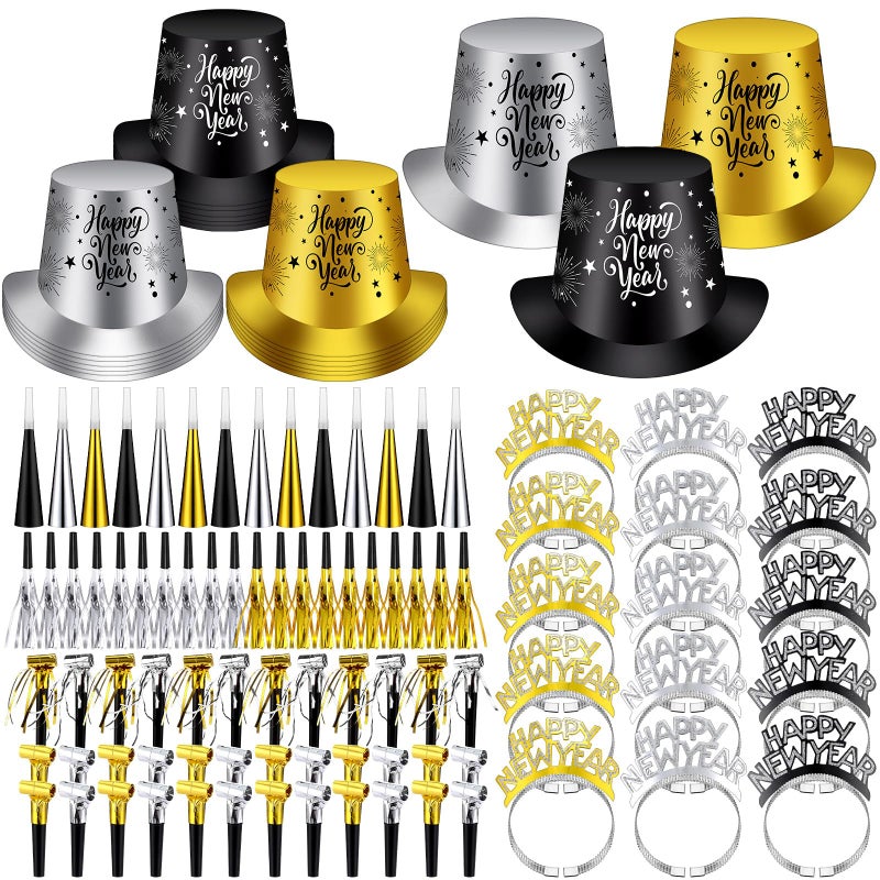 Engrowtic 208 Pcs 2026 New Years Eve Party Decorations Top Hats Headband Tiara Horns Metallic Noisemakers Black Silver Gold New Years Eve Party Supply for Holiday Favors Gifts - Image 2