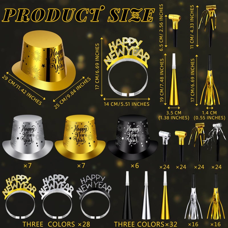 Engrowtic 208 Pcs 2026 New Years Eve Party Decorations Top Hats Headband Tiara Horns Metallic Noisemakers Black Silver Gold New Years Eve Party Supply for Holiday Favors Gifts - Image 3
