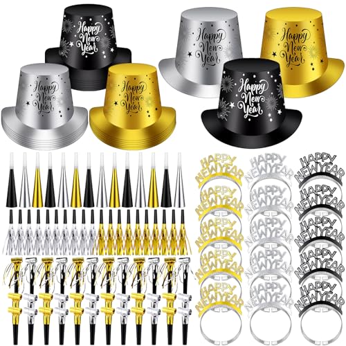 Engrowtic 208 Pcs 2026 New Years Eve Party Decorations Top Hats Headband Tiara Horns Metallic Noisemakers Black Silver Gold New Years Eve Party Supply for Holiday Favors Gifts - Image 1