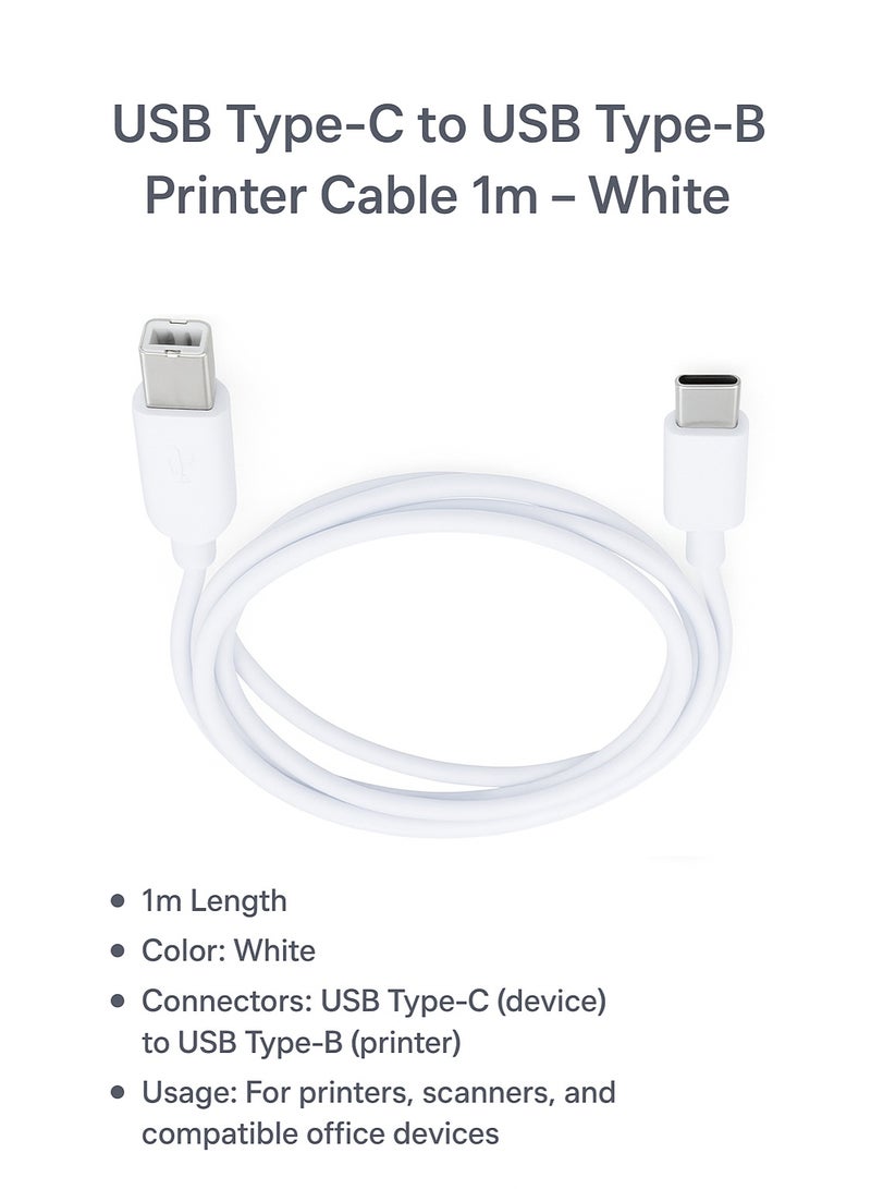 Type c to Square Port Printing Cable Usb2.0 High-Speed Mobile Phone Computer Connection Cable Type-C Printer Data Cable, 1M, White - Image 3