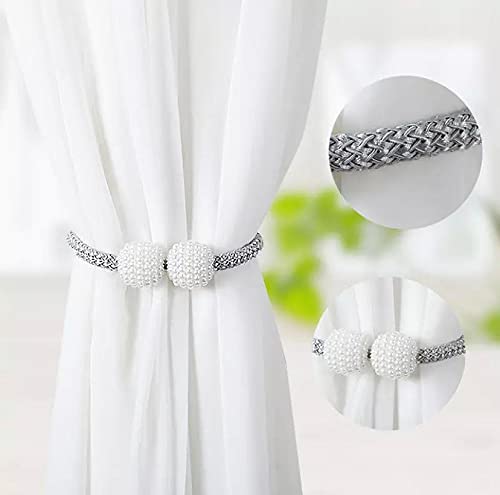 Home-Cloud HomeCloud Magnetic Curtain Tiebacks Convenient Drape Tie Backs - Pearl Decorative Rope Holdback Holder for Window Drapries Color Grey (1pair 2 pcs) - Image 1