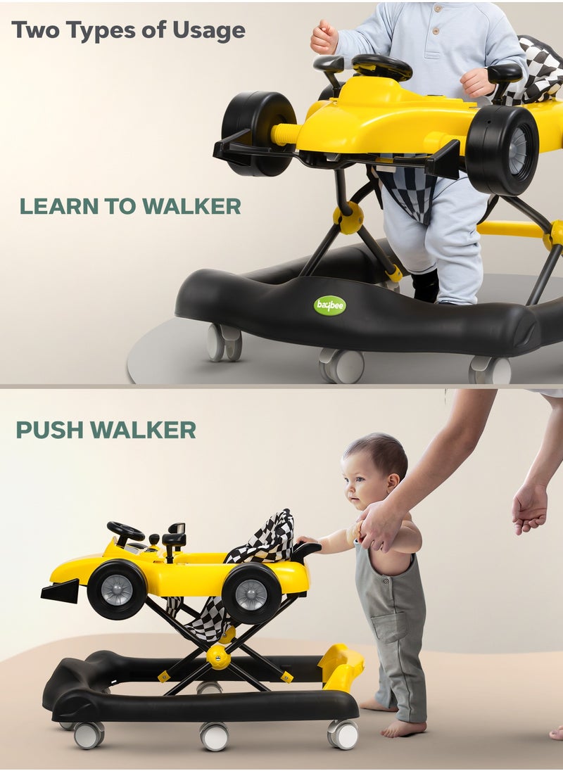 BAYBEE F1 2 in 1 Baby Walker for Kids, Foldable Kids Walker with 3 Position Adjustable Height, Musical Bar & Push Bar Activity Walker for Toddlers Walker for Baby Boy Girl 6 to 18 Months Yellow  - Image 2