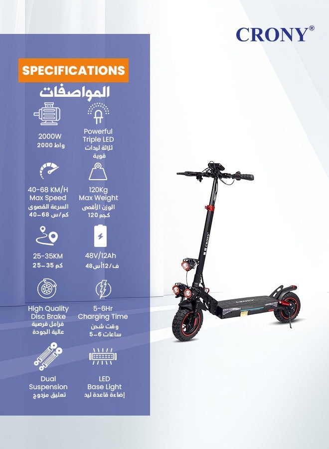 Crony T4 E-Scooter 2000W Motor, Max Speed 40-65km/h, 10"Off-Road Tires,48v/13ah Dual Suspension/Hydraulic Disc Brakes E-Bike, Triple Led Headlamps,  App-Connected Smart Lock,All-Terrain, Easy Foldable, Portable Commuter Electric Scooter For Adults & Kids, 25kg Aluminum Frame 120kg Load Skateboard, Urban Mobility tool，No Seat - Image 2