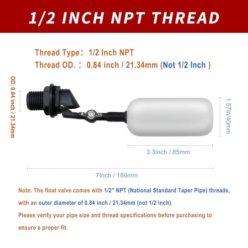 Timsec 2 Pack Float Ball Valve, 1/2 Inch NPT Thread, OD. 0.84 inch (21.34mm), not 1/2 inch, Adjustable Arm for Livestock Water Trough, Aquariums, Hydroponics - Automatic Fill and Control Water Level - Image 4