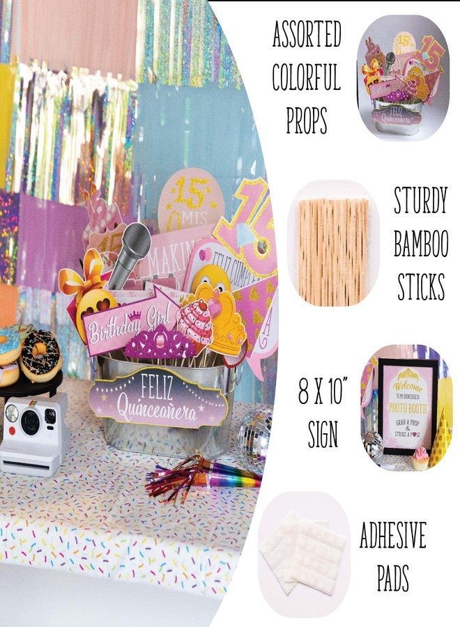 Outside The Booth Quinceanera Photo Booth Props - 41-pc Photobooth Kit with 8 x 10-Inch Sign, 60 Adhesive Pads, 45 Sticks - Sweet 15 Photo Booth Props - Decoracion para 15 Años Quinceañeras - Image 2