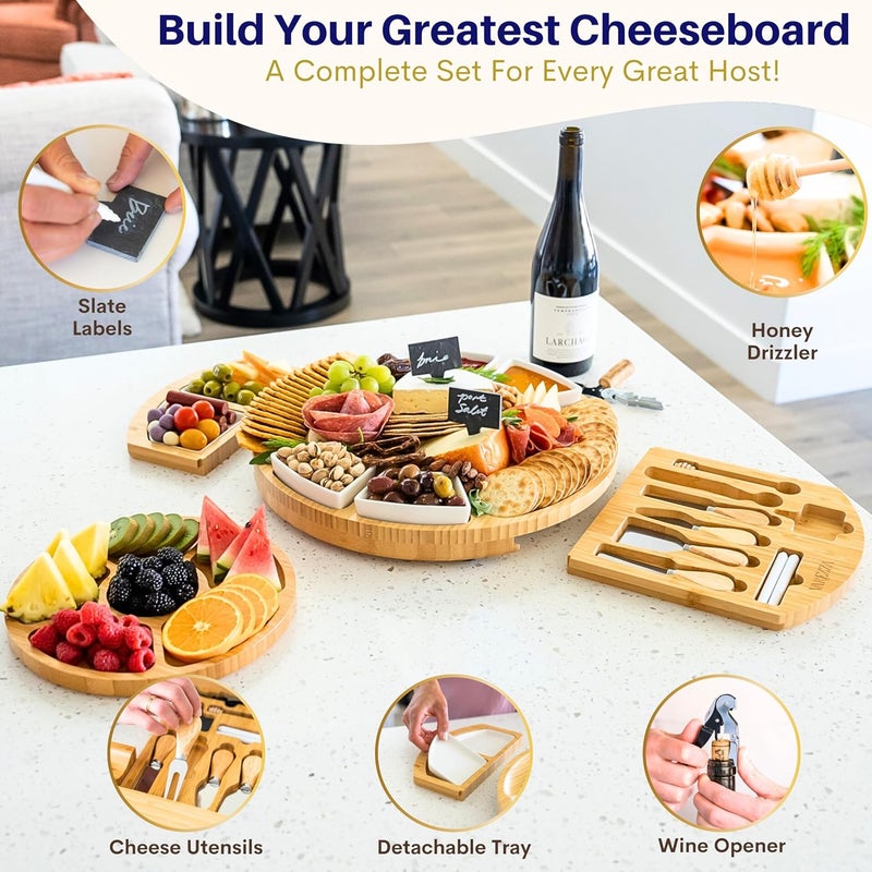 VAREZZA Extra Large Charcuterie Boards Gift Set: 16 in Round Bamboo Cheese Board and Knife Set, Cheese Tray - Unique for Mom, Wedding Gifts for Couple, House Warming Gifts New Home - Image 4