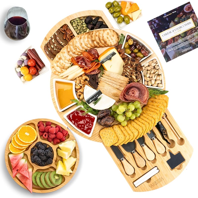 VAREZZA Extra Large Charcuterie Boards Gift Set: 16 in Round Bamboo Cheese Board and Knife Set, Cheese Tray - Unique for Mom, Wedding Gifts for Couple, House Warming Gifts New Home - Image 1