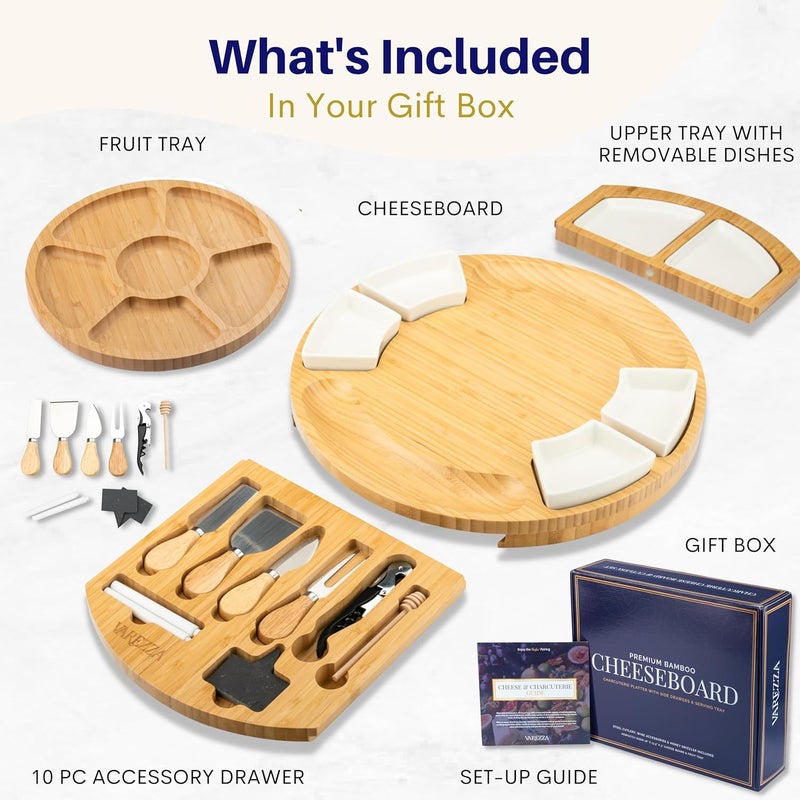 VAREZZA Extra Large Charcuterie Boards Gift Set: 16 in Round Bamboo Cheese Board and Knife Set, Cheese Tray - Unique for Mom, Wedding Gifts for Couple, House Warming Gifts New Home - Image 3