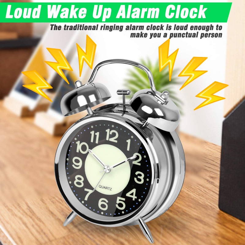 AYRELYÂ® Super Loud Alarm Clock for Heavy Sleepers Adults,Twin Bell Retro 4 Inch Silent Non-Ticking Quartz with Backlight, Luminous dial, Alarm Clocks for Bedrooms Bedside (Silver) - Image 5