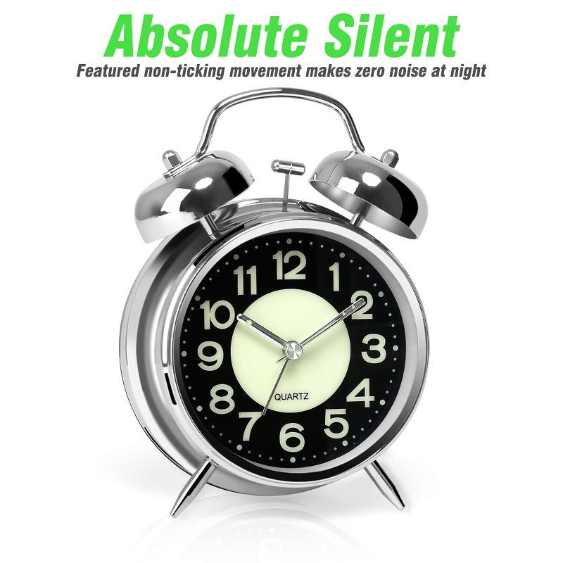 AYRELYÂ® Super Loud Alarm Clock for Heavy Sleepers Adults,Twin Bell Retro 4 Inch Silent Non-Ticking Quartz with Backlight, Luminous dial, Alarm Clocks for Bedrooms Bedside (Silver) - Image 2