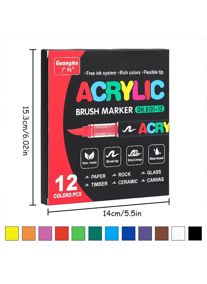 GuangNa 12 Colors Acrylic Paint Marker Set – Soft Tip, Odorless, Stackable, Smooth Flow Drawing Pens for Students & Artists  - Image 1