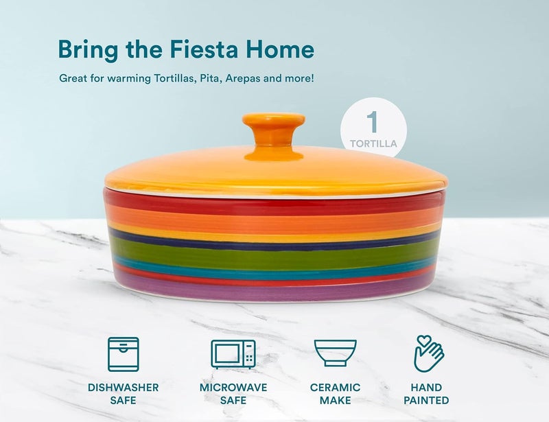 Kook Tortilla Warmer, by , Tortilla Holder, Taco Bar, Ceramic Hand-Painted with Lid, Authentic, Microwavable Storage Container, Dishwasher Safe, 8.5 Inch, Rainbow Feista - Image 4