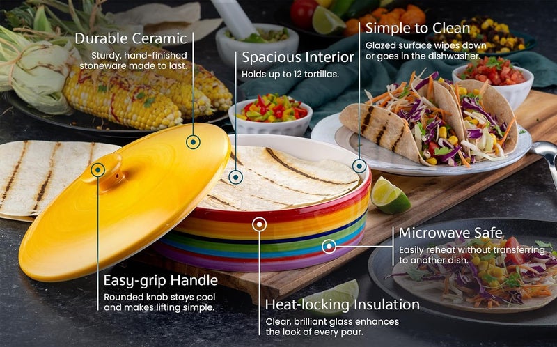Kook Tortilla Warmer, by , Tortilla Holder, Taco Bar, Ceramic Hand-Painted with Lid, Authentic, Microwavable Storage Container, Dishwasher Safe, 8.5 Inch, Rainbow Feista - Image 2