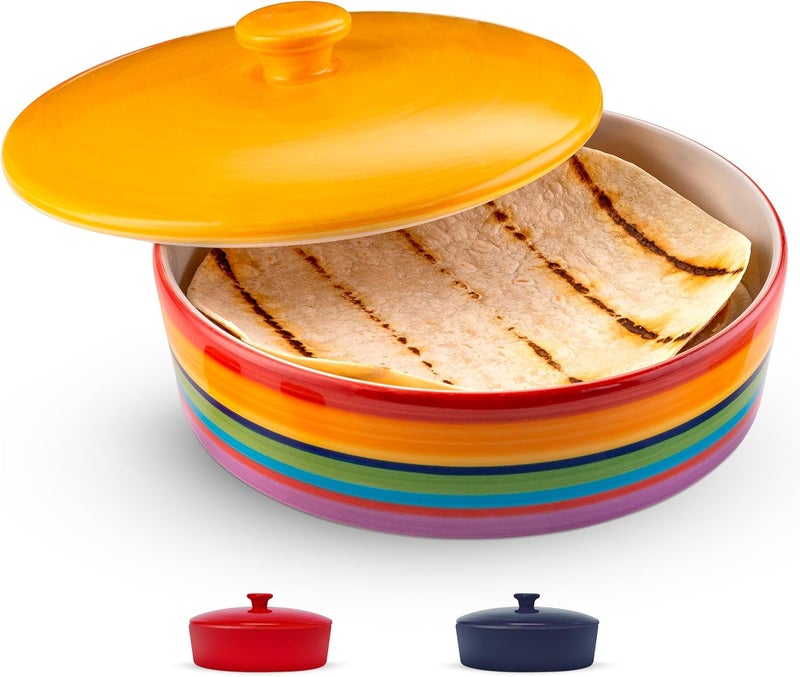 Kook Tortilla Warmer, by , Tortilla Holder, Taco Bar, Ceramic Hand-Painted with Lid, Authentic, Microwavable Storage Container, Dishwasher Safe, 8.5 Inch, Rainbow Feista - Image 1