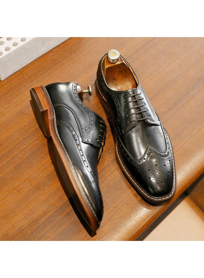 Desai Men's Brogue Carved Casual Leather Shoes Business Formal Genuine Leather Derby Shoes Trendy All-match Men's Shoes Black Size 41 - Image 3