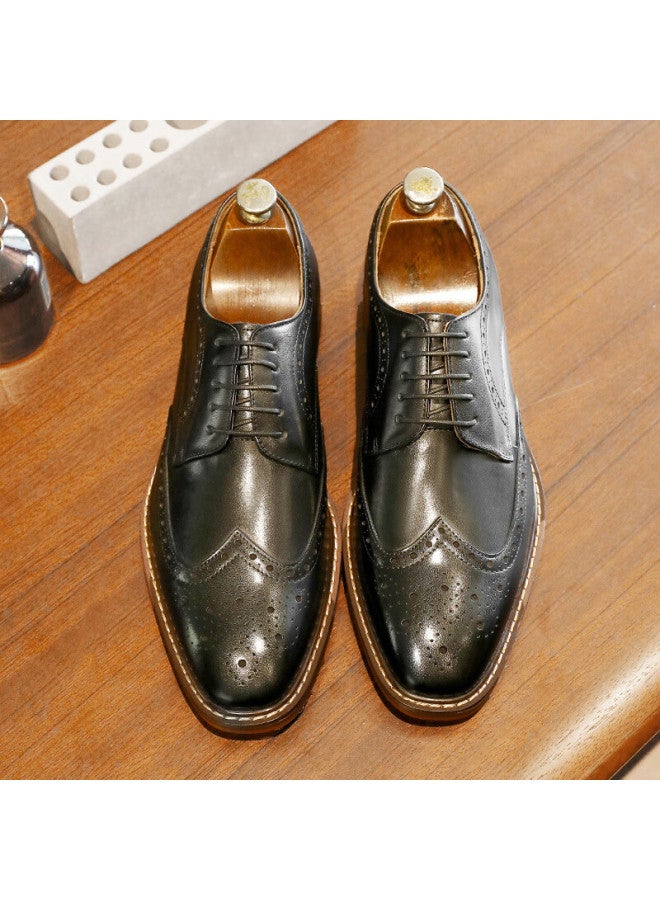 Desai Men's Brogue Carved Casual Leather Shoes Business Formal Genuine Leather Derby Shoes Trendy All-match Men's Shoes Black Size 41 - Image 2