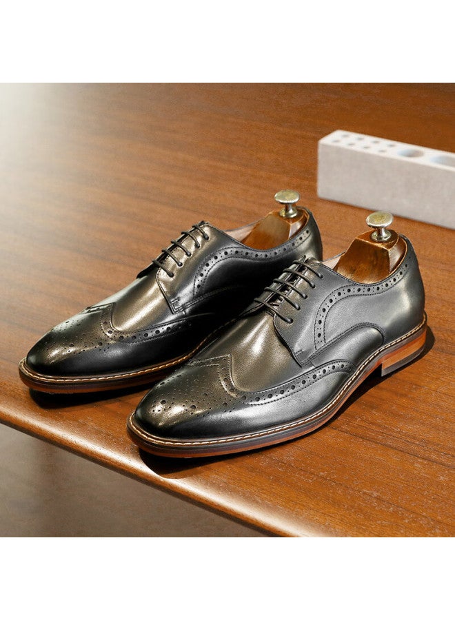 Desai Men's Brogue Carved Casual Leather Shoes Business Formal Genuine Leather Derby Shoes Trendy All-match Men's Shoes Black Size 41 - Image 1