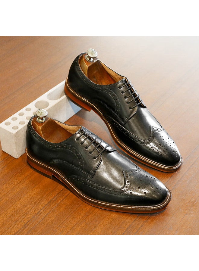 Desai Men's Brogue Carved Casual Leather Shoes Business Formal Genuine Leather Derby Shoes Trendy All-match Men's Shoes Black Size 41 - Image 4