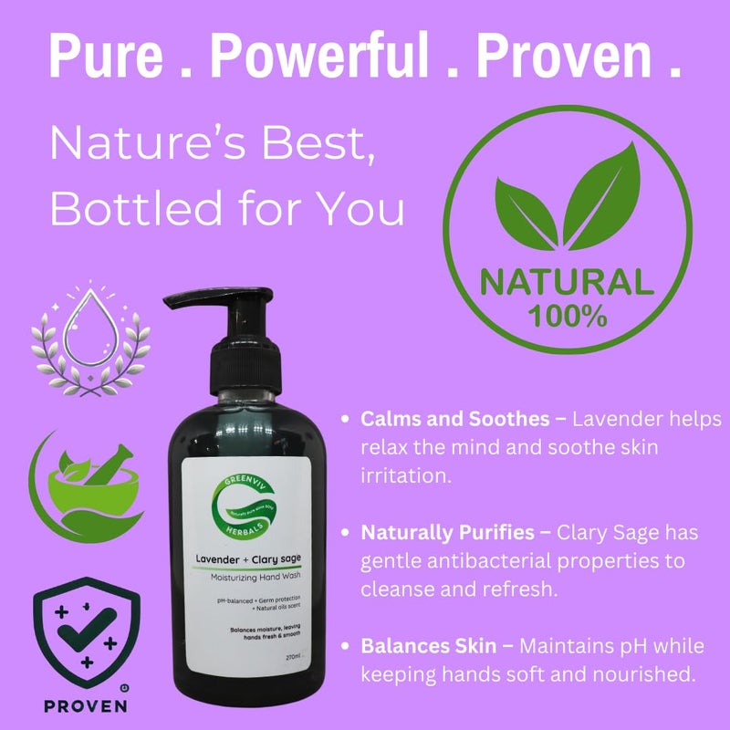 Greenviv Natural Handwash Liquid Lavender & Clary Sage, 270ML, Anti Bacterial Moisturizing Hand Wash - Image 2