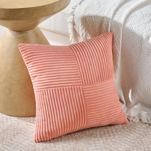 Fancy Homi 2 Packs Coral Samll Decorative Throw Pillow Covers 14x14 Inch with for Couch Bed Sofa Rustic Farmhouse Boho Home Decor Soft Corss Patchwork Corduroy Square Peach Cushion Case 35x35 cm - Image 3