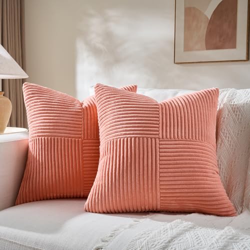 Fancy Homi 2 Packs Coral Samll Decorative Throw Pillow Covers 14x14 Inch with for Couch Bed Sofa Rustic Farmhouse Boho Home Decor Soft Corss Patchwork Corduroy Square Peach Cushion Case 35x35 cm - Image 1