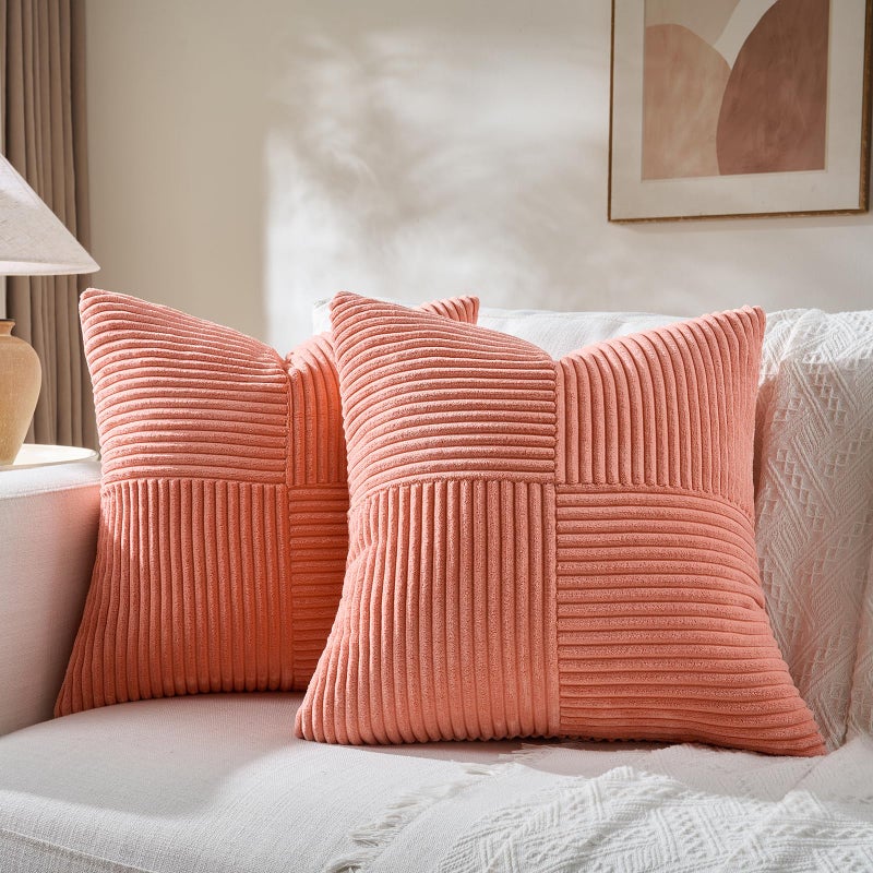 Fancy Homi 2 Packs Coral Samll Decorative Throw Pillow Covers 14x14 Inch with for Couch Bed Sofa Rustic Farmhouse Boho Home Decor Soft Corss Patchwork Corduroy Square Peach Cushion Case 35x35 cm - Image 2