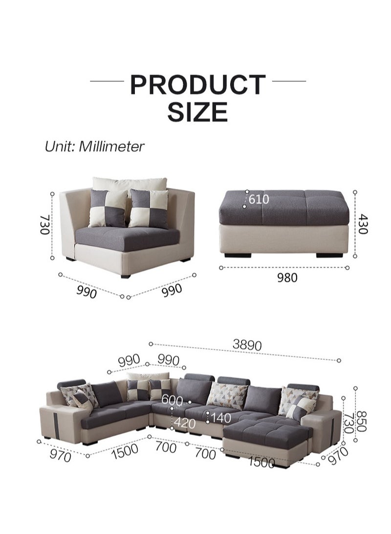 Ripple FURNITURE Modern Fabric U Shape Couch Living Room Sofa Set Furniture Designs 6 Seater  Grey 389X97X85  - Image 5