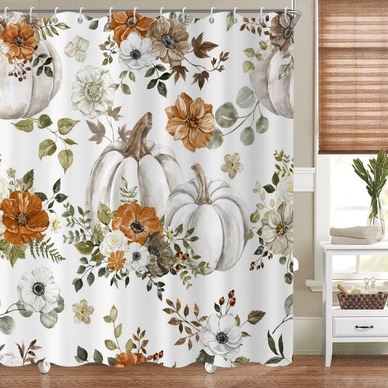 GCIREC Fall Watercolor Pumpkin Shower Curtain Autumn Thanksgiving Harvest Pumpkins with Floral Bathroom Curtain Bathtub Home Decor Waterproof Fabric Machine Washable with 12 PCS Hooks72 Wx72 L