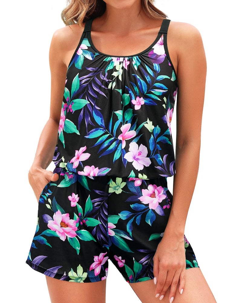 Tempt Me Black Purple Floral Romper One Piece Swimsuits with Short - Women Boyleg with Pockets Bathing Suit Modest Swimwear M - Image 1