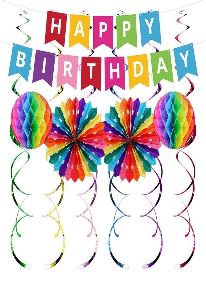 UNIIDECO Colorful Happy Birthday Decoration Kit, Including Rainbow Pom Poms, Banner, Swirls, Bday Decor For Men Women Kids Boy Girl, The Colored Office Birthday Decorations, Candy Party Supplies - Image 1