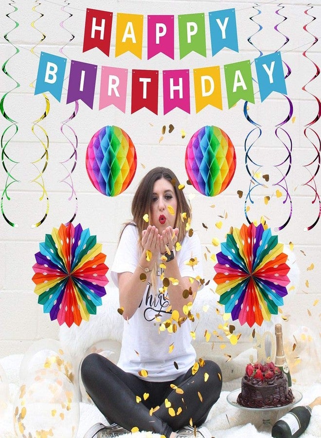 UNIIDECO Colorful Happy Birthday Decoration Kit, Including Rainbow Pom Poms, Banner, Swirls, Bday Decor For Men Women Kids Boy Girl, The Colored Office Birthday Decorations, Candy Party Supplies - Image 4