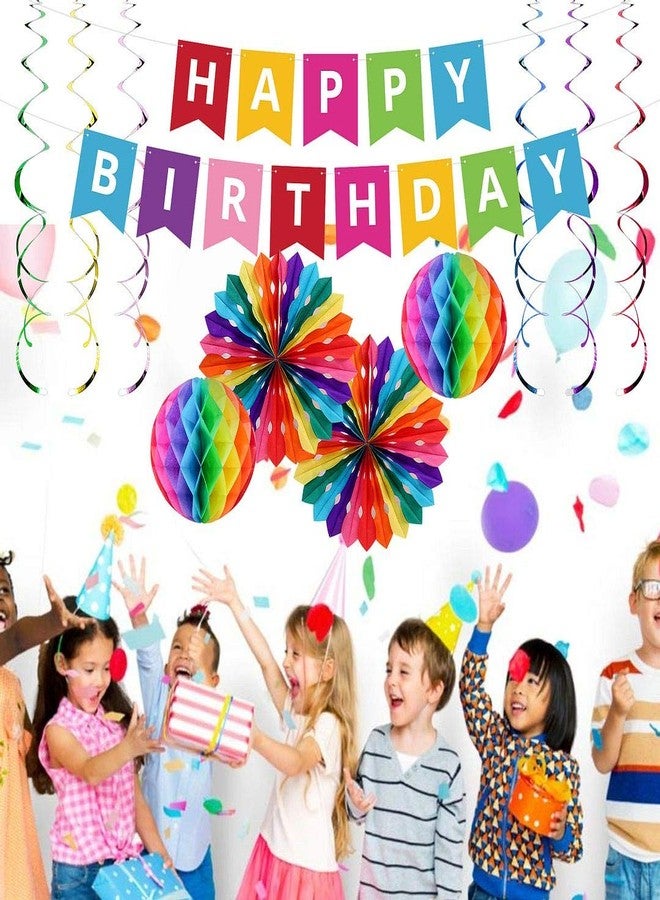 UNIIDECO Colorful Happy Birthday Decoration Kit, Including Rainbow Pom Poms, Banner, Swirls, Bday Decor For Men Women Kids Boy Girl, The Colored Office Birthday Decorations, Candy Party Supplies - Image 3