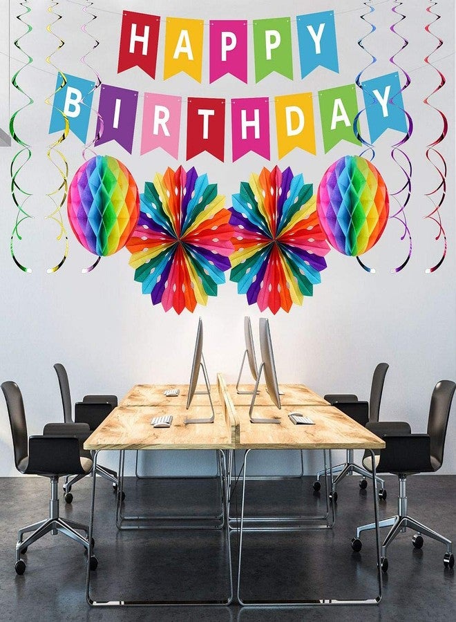UNIIDECO Colorful Happy Birthday Decoration Kit, Including Rainbow Pom Poms, Banner, Swirls, Bday Decor For Men Women Kids Boy Girl, The Colored Office Birthday Decorations, Candy Party Supplies - Image 2