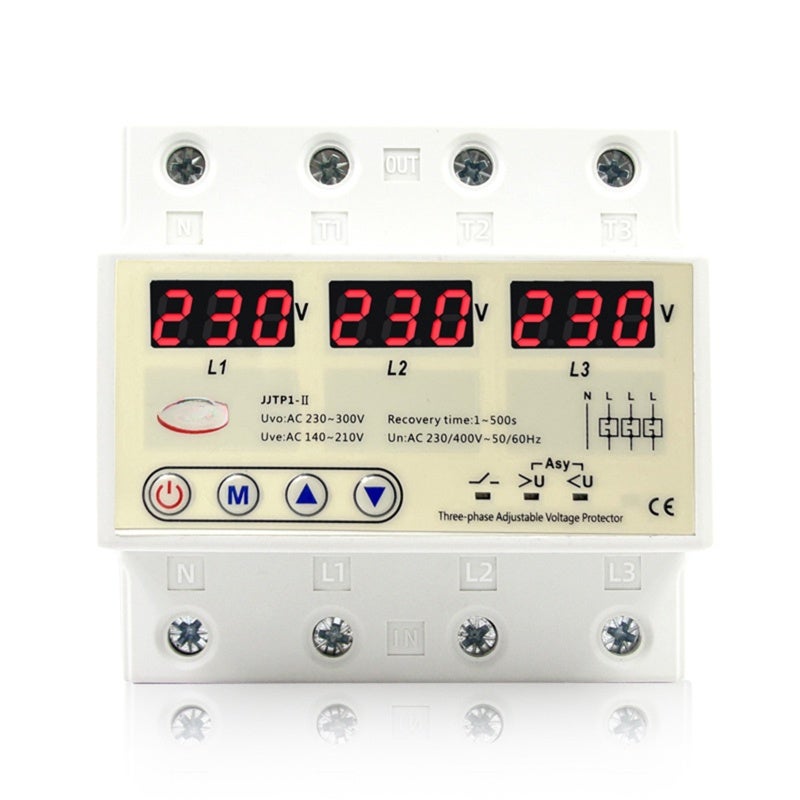 3 Phase Voltage Protector: White High-Strength Flame-Retardant Device - Clear Real-Time Digital Display Din Rail Mounted for Home And Mall Power Distribution Lines - Image 1