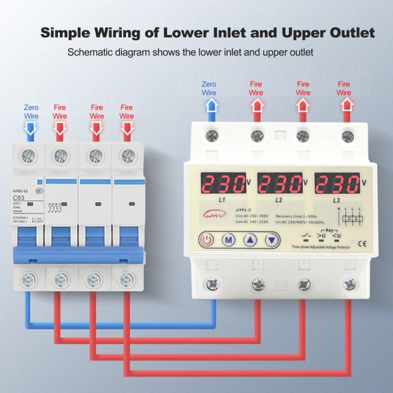 3 Phase Voltage Protector: White High-Strength Flame-Retardant Device - Clear Real-Time Digital Display Din Rail Mounted for Home And Mall Power Distribution Lines - Image 5