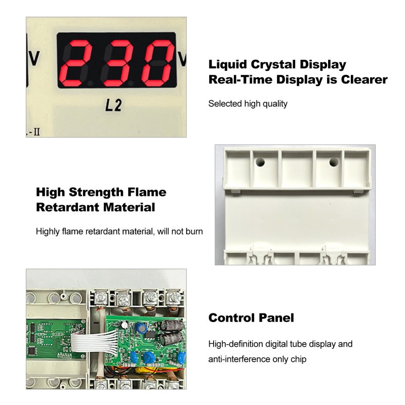 3 Phase Voltage Protector: White High-Strength Flame-Retardant Device - Clear Real-Time Digital Display Din Rail Mounted for Home And Mall Power Distribution Lines - Image 3