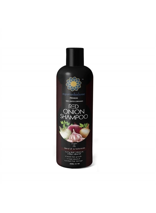 AYURVEDASHREE Red Onion Hair Growth & Hair Fall Control Shampoo – With Curry Leaf, Hibiscus, Indian Alanket, Blend of 14 Botanicals 200ML - SLS and Paraben Free - 100% Safe & Organic - All Hair Type - Image 1