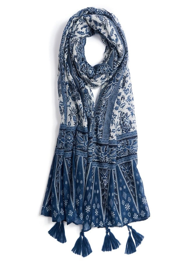 QIUTIMIY Scarf for Women Lightweight Soft Floral Printed Scarves Fall Winter Fashion Shawl Wrap with Fringe(Flower-Blue White) - Image 1