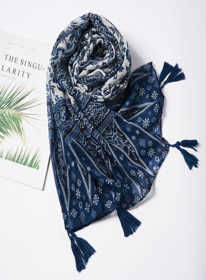 QIUTIMIY Scarf for Women Lightweight Soft Floral Printed Scarves Fall Winter Fashion Shawl Wrap with Fringe(Flower-Blue White) - Image 4