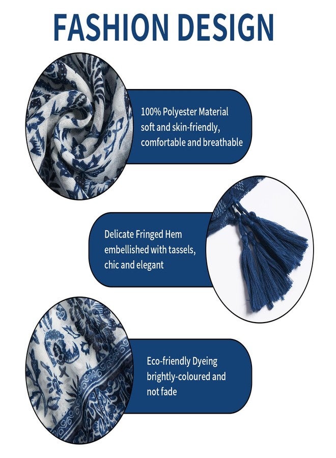 QIUTIMIY Scarf for Women Lightweight Soft Floral Printed Scarves Fall Winter Fashion Shawl Wrap with Fringe(Flower-Blue White) - Image 2