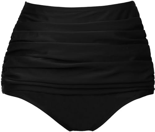 COCOPEAR Women's High Waisted Full Coverage Bikini Bottom Ruched Bathing Suit Bottoms for Women Tummy Control Swim Bottoms Black L - Image 1