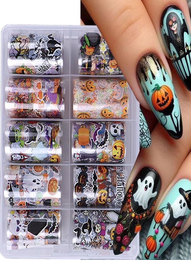LRKNNO 10 Rolls Halloween Nail Foil Transfers Stickers Pumpkin Ghost Skull Spider Bat Nail Art Foils Decals Cute Halloween Nails Supplies Witch Ghost Nail Stickers Wraps for Women Girls DIY Nail Art Designs - Image 1
