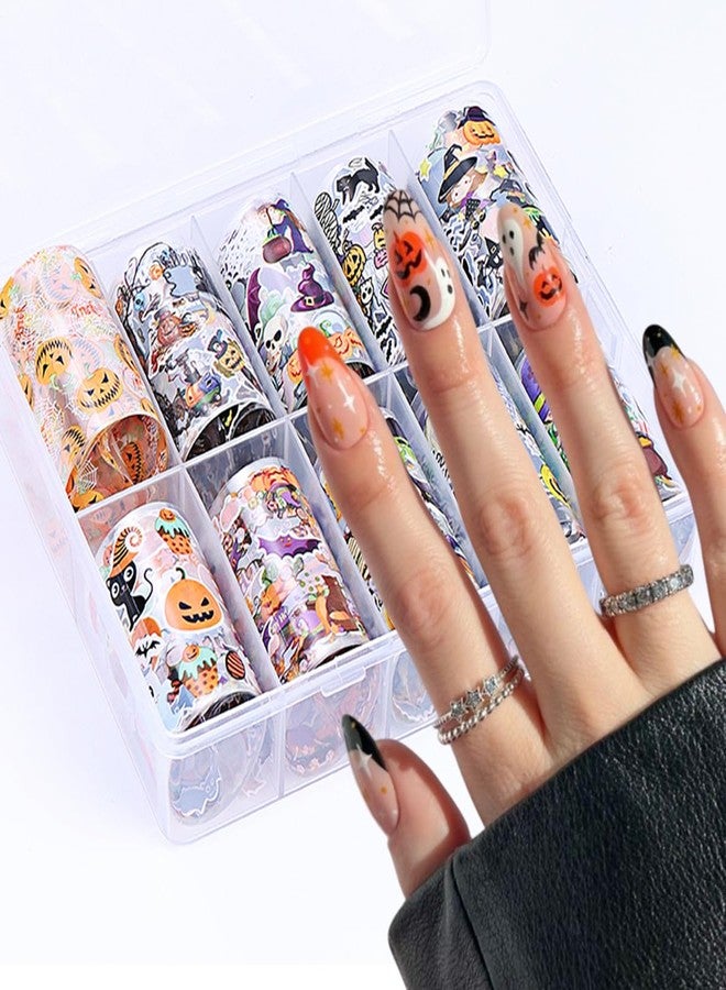 LRKNNO 10 Rolls Halloween Nail Foil Transfers Stickers Pumpkin Ghost Skull Spider Bat Nail Art Foils Decals Cute Halloween Nails Supplies Witch Ghost Nail Stickers Wraps for Women Girls DIY Nail Art Designs - Image 3
