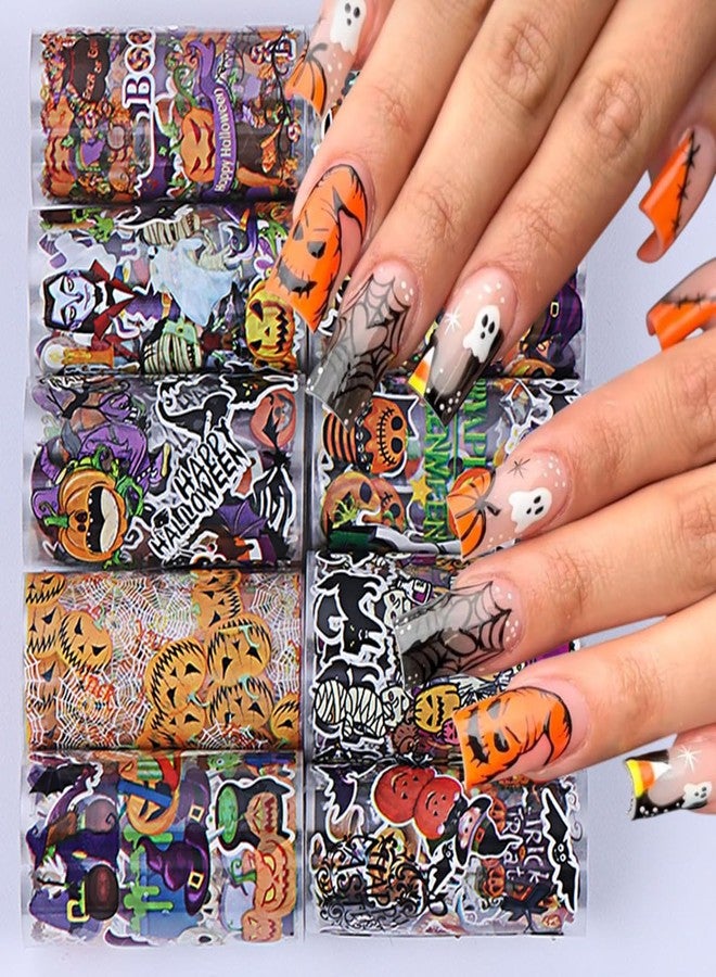 LRKNNO 10 Rolls Halloween Nail Foil Transfers Stickers Pumpkin Ghost Skull Spider Bat Nail Art Foils Decals Cute Halloween Nails Supplies Witch Ghost Nail Stickers Wraps for Women Girls DIY Nail Art Designs - Image 4