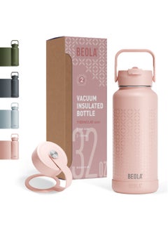 BEOLA 950ml Water Bottle 18/8 Stainless Steel 304 Double Wall Insulated Thermos Bottle with Straw Lid and wide mouth, 2 lids included, Hot Cold Liquids Sports Bottle bella, 32oz (Blush Pink)  - Image 1